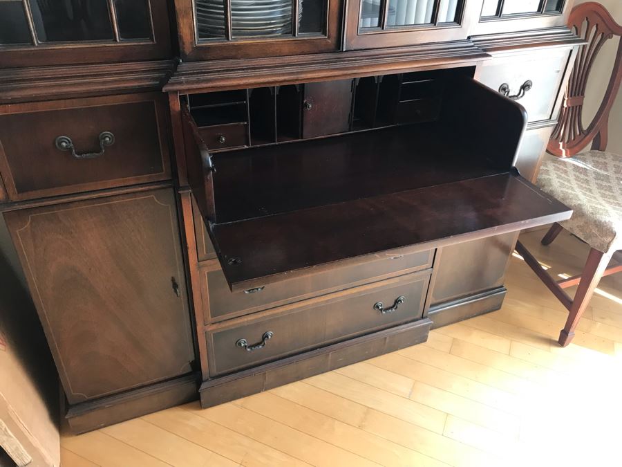 Vintage 2-Piece Wooden Breakfront Bookcase With Pull-Out Desk 56W X 15D X 84H [Photo 8]