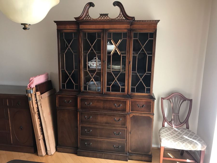 Vintage 2-Piece Wooden Breakfront Bookcase With Pull-Out Desk 56W X 15D X 84H [Photo 3]