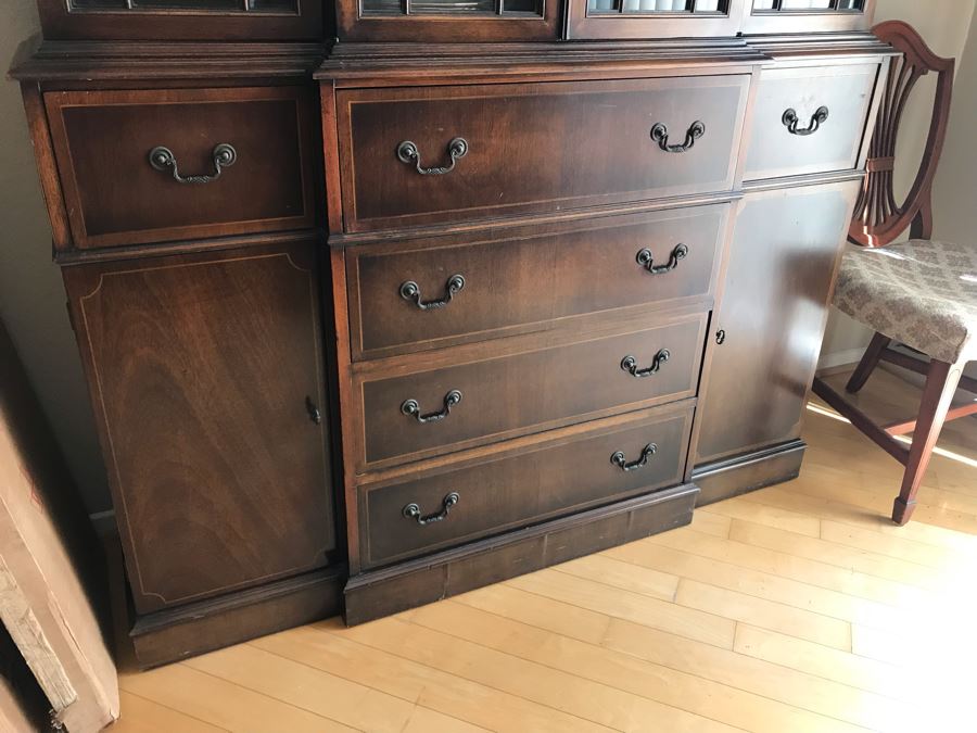 Vintage 2-Piece Wooden Breakfront Bookcase With Pull-Out Desk 56W X 15D X 84H [Photo 5]