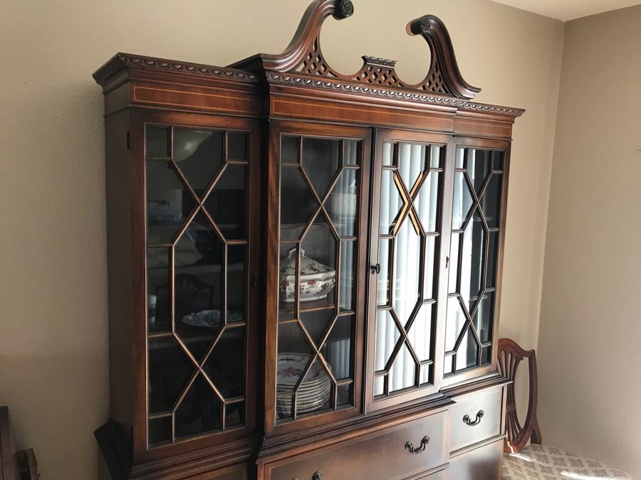 Vintage 2-Piece Wooden Breakfront Bookcase With Pull-Out Desk 56W X 15D X 84H [Photo 6]