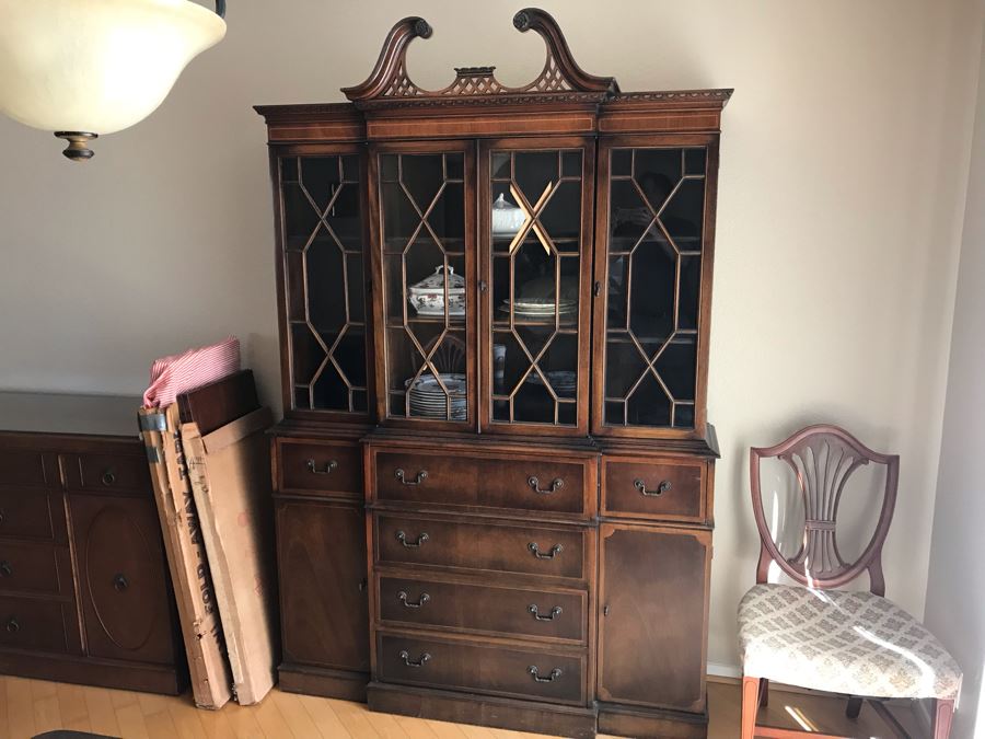 Vintage 2-Piece Wooden Breakfront Bookcase With Pull-Out Desk 56W X 15D X 84H [Photo 2]