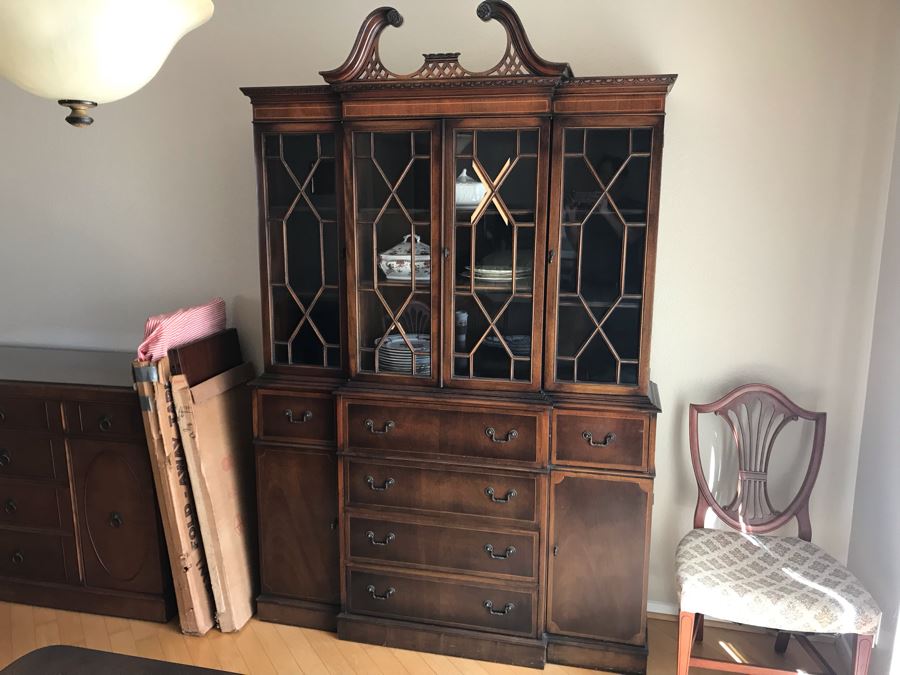 Vintage 2-Piece Wooden Breakfront Bookcase With Pull-Out Desk 56W X 15D X 84H [Photo 4]