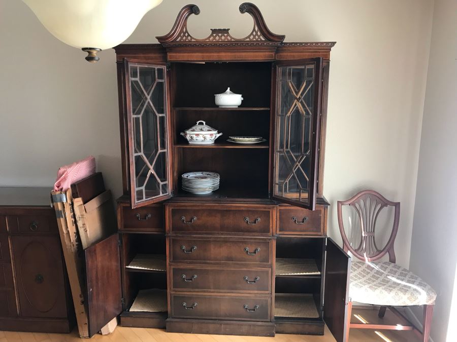 Vintage 2-Piece Wooden Breakfront Bookcase With Pull-Out Desk 56W X 15D X 84H [Photo 12]