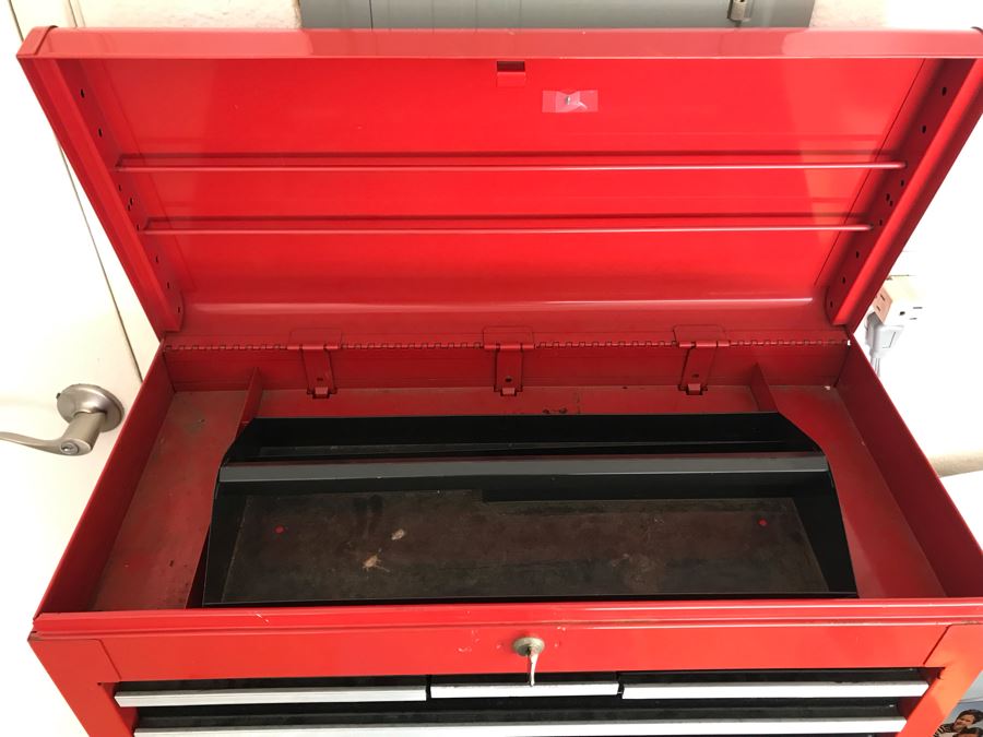 Vintage Sears Craftsman Metal Rolling Toolbox With Key Plus Blue Metal Box Shown On Top [Photo 6]