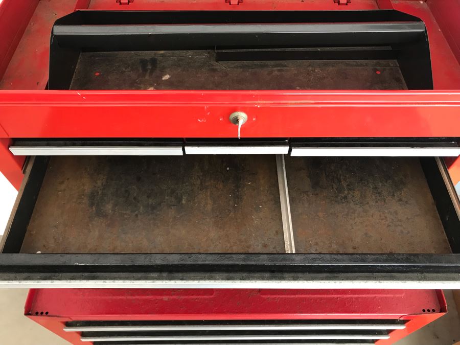 Vintage Sears Craftsman Metal Rolling Toolbox With Key Plus Blue Metal Box Shown On Top [Photo 9]