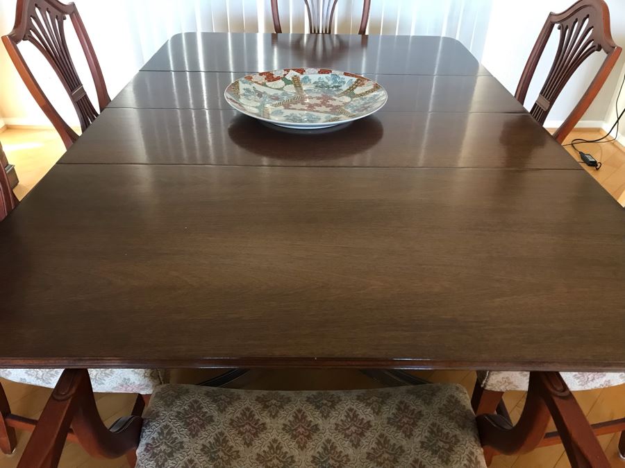 Vintage 3-Pedestal Drop-Leaf Dining Table With (6) Chairs And (2 ...