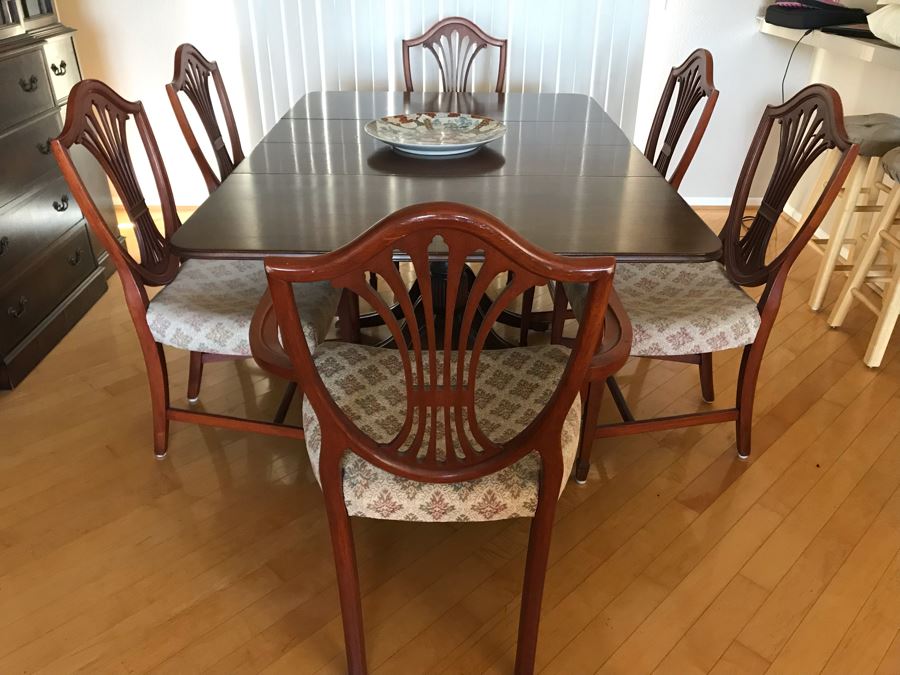 Vintage 3-Pedestal Drop-Leaf Dining Table With (6) Chairs And (2) Leaves - 63L X 42W X 29.5H Each Table Leaf Is 16W [Photo 2]