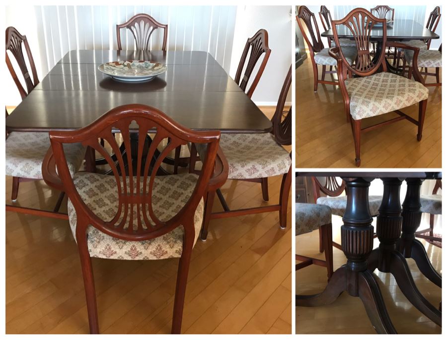 Vintage 3-Pedestal Drop-Leaf Dining Table With (6) Chairs And (2) Leaves - 63L X 42W X 29.5H Each Table Leaf Is 16W
