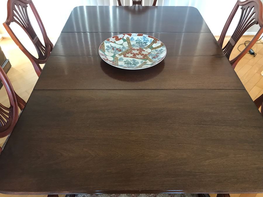 Vintage 3-Pedestal Drop-Leaf Dining Table With (6) Chairs And (2) Leaves - 63L X 42W X 29.5H Each Table Leaf Is 16W [Photo 6]