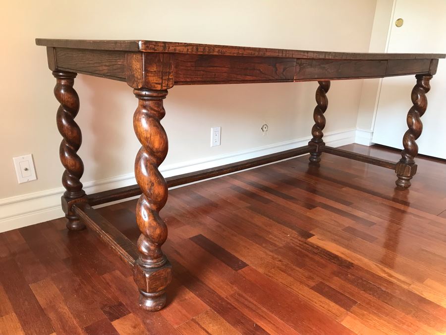 Stunning Antique Parquet Top Desk With Barley Twist Legs And Drawer 72W X 30D X 30H [Photo 3]