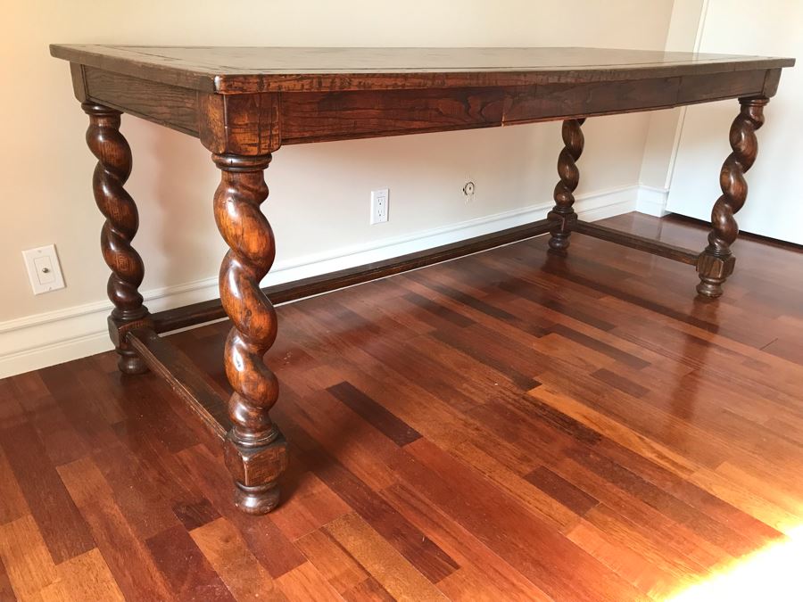 Stunning Antique Parquet Top Desk With Barley Twist Legs And Drawer 72W X 30D X 30H [Photo 2]