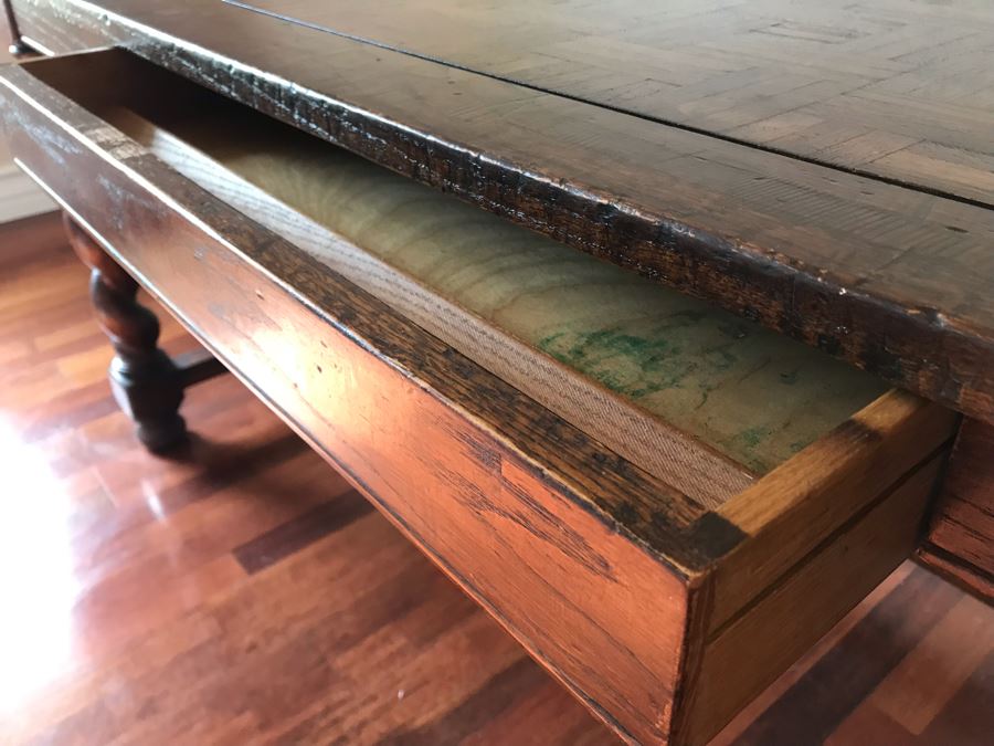 Stunning Antique Parquet Top Desk With Barley Twist Legs And Drawer 72W X 30D X 30H [Photo 11]