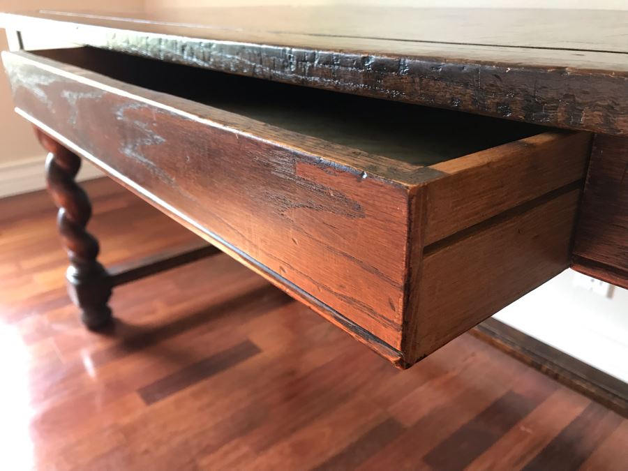 Stunning Antique Parquet Top Desk With Barley Twist Legs And Drawer 72W X 30D X 30H [Photo 10]