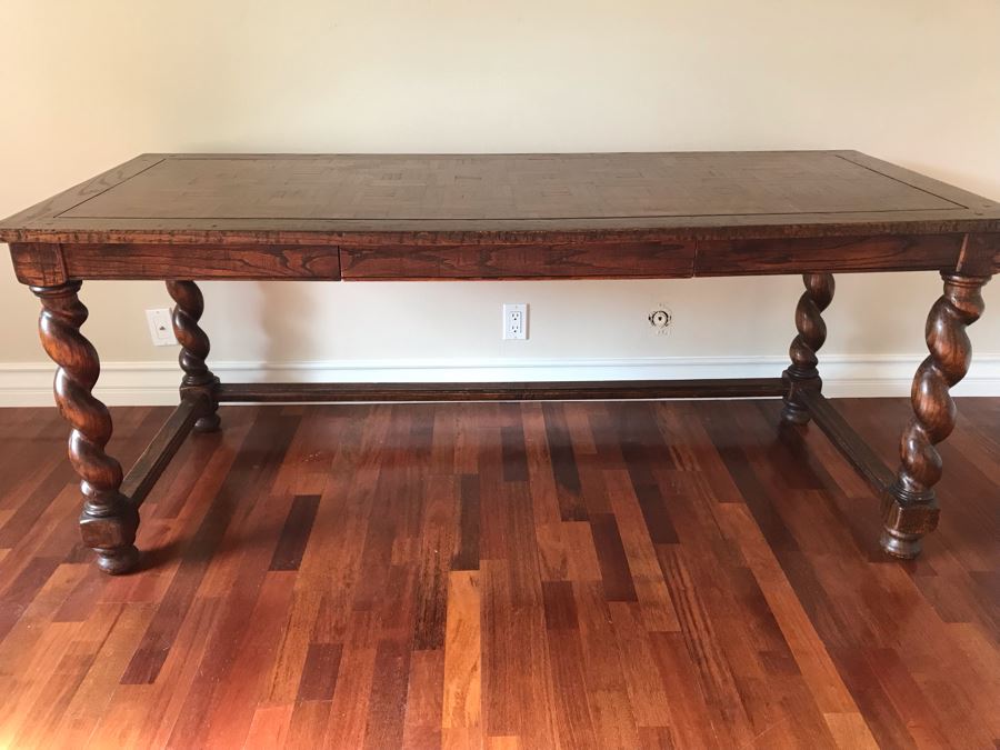 Stunning Antique Parquet Top Desk With Barley Twist Legs And Drawer 72W X 30D X 30H [Photo 6]
