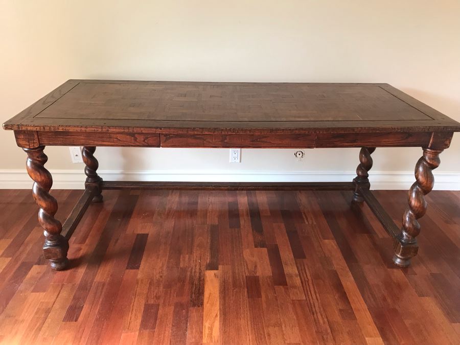 Stunning Antique Parquet Top Desk With Barley Twist Legs And Drawer 72W X 30D X 30H [Photo 4]