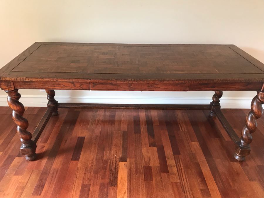 Stunning Antique Parquet Top Desk With Barley Twist Legs And Drawer 72W X 30D X 30H [Photo 5]