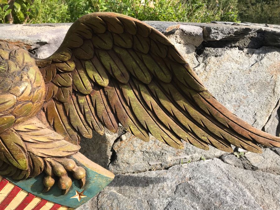 Old Deep-Relief Hand Carved Painted Wooden Eagle Clutching Arrows And Union Shield Purchased In Massachusetts [Photo 9]
