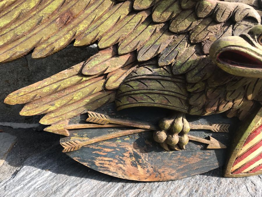 Old Deep-Relief Hand Carved Painted Wooden Eagle Clutching Arrows And Union Shield Purchased In Massachusetts [Photo 6]
