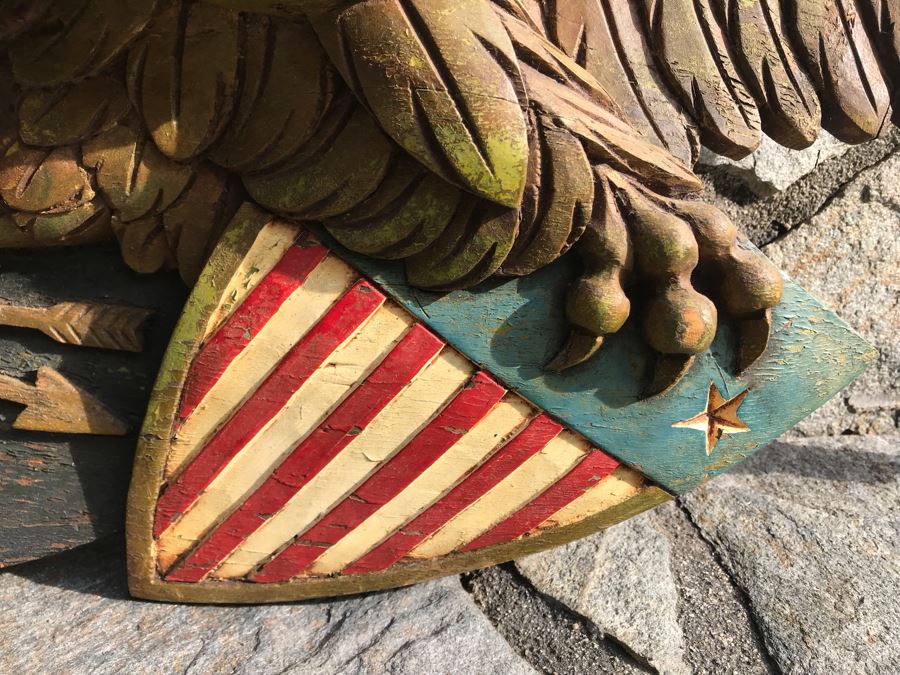 Old Deep-Relief Hand Carved Painted Wooden Eagle Clutching Arrows And Union Shield Purchased In Massachusetts [Photo 5]