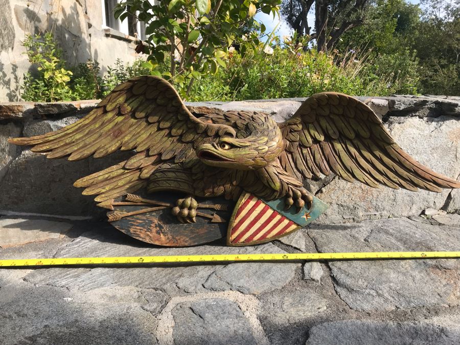Old Deep-Relief Hand Carved Painted Wooden Eagle Clutching Arrows And Union Shield Purchased In Massachusetts [Photo 11]