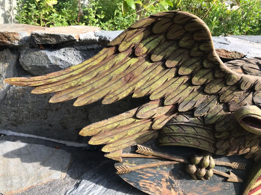 Old Deep-Relief Hand Carved Painted Wooden Eagle Clutching Arrows And Union Shield Purchased In Massachusetts [Photo 10]