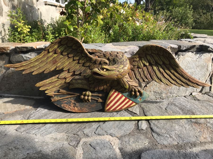 Old Deep-Relief Hand Carved Painted Wooden Eagle Clutching Arrows And Union Shield Purchased In Massachusetts [Photo 3]
