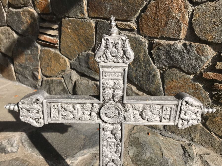 Large Vintage Pewter Metal Cross Sculpture 25H X 20W [Photo 5]