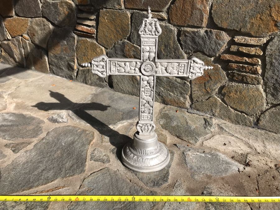 Large Vintage Pewter Metal Cross Sculpture 25H X 20W [Photo 3]