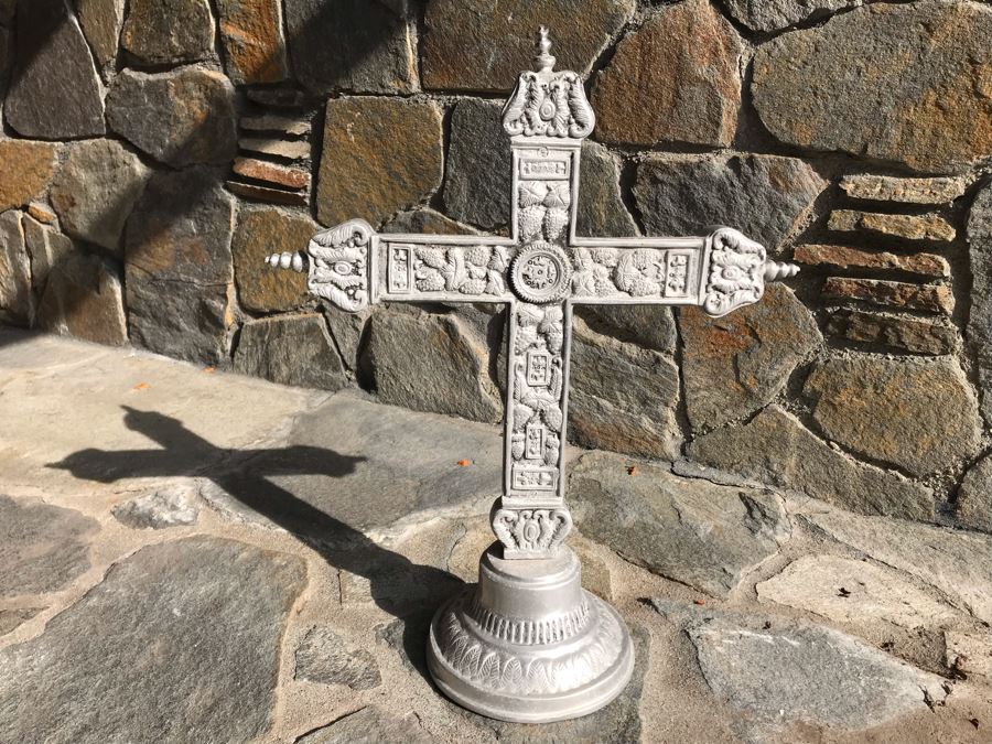 Large Vintage Pewter Metal Cross Sculpture 25H X 20W [Photo 2]