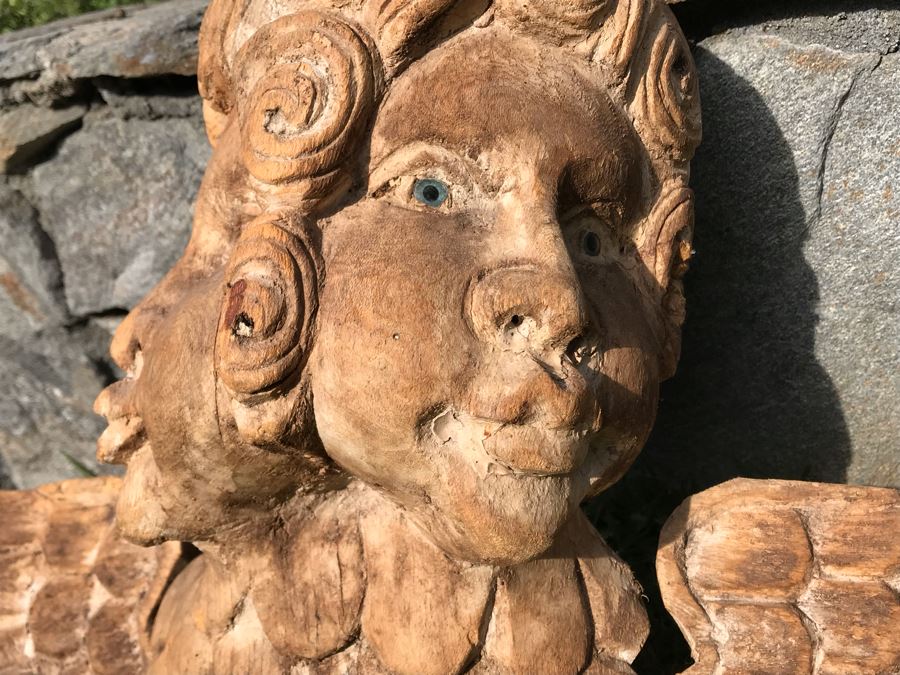 Vintage Hand Carved Dual Face Angelic Sculpture With Wings 23W X 13.5H [Photo 9]