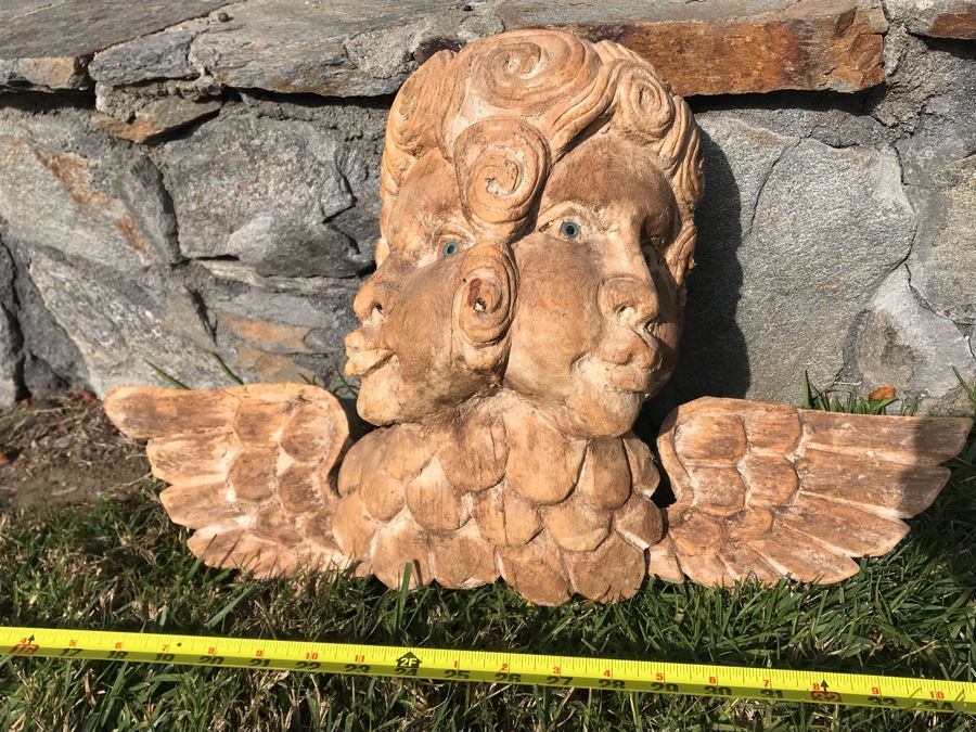 Vintage Hand Carved Dual Face Angelic Sculpture With Wings 23W X 13.5H [Photo 4]