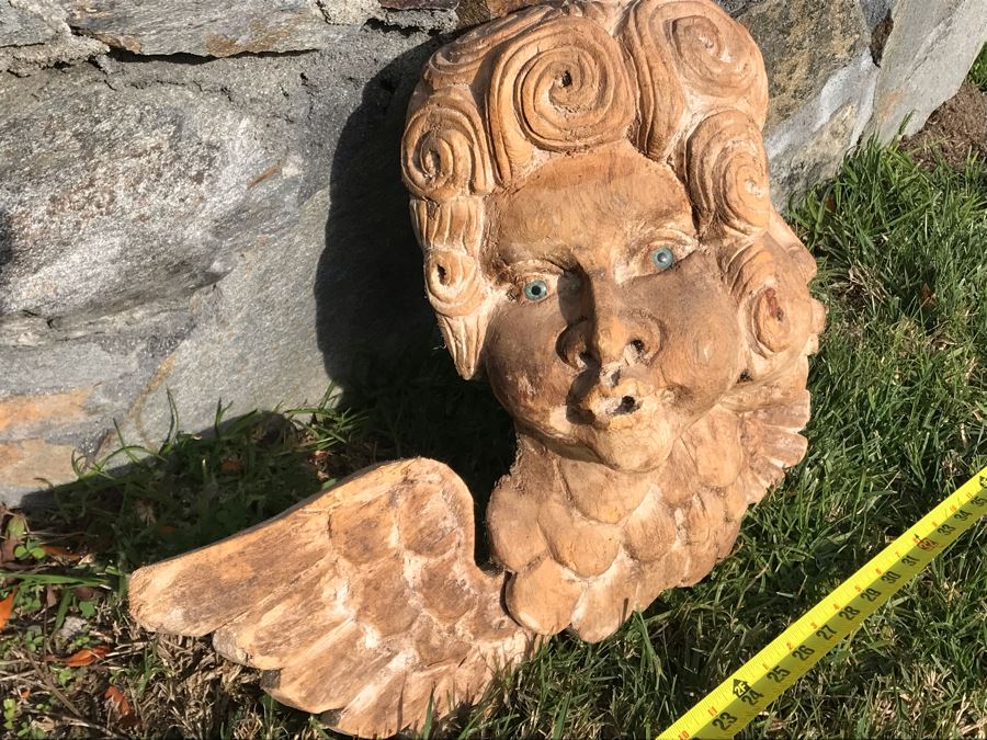 Vintage Hand Carved Dual Face Angelic Sculpture With Wings 23W X 13.5H [Photo 6]