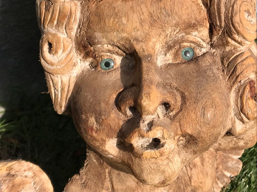 Vintage Hand Carved Dual Face Angelic Sculpture With Wings 23W X 13.5H [Photo 2]