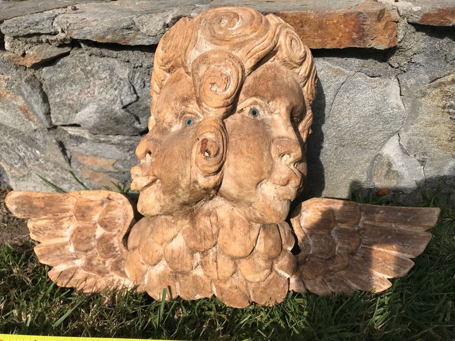 Vintage Hand Carved Dual Face Angelic Sculpture With Wings 23W X 13.5H [Photo 10]