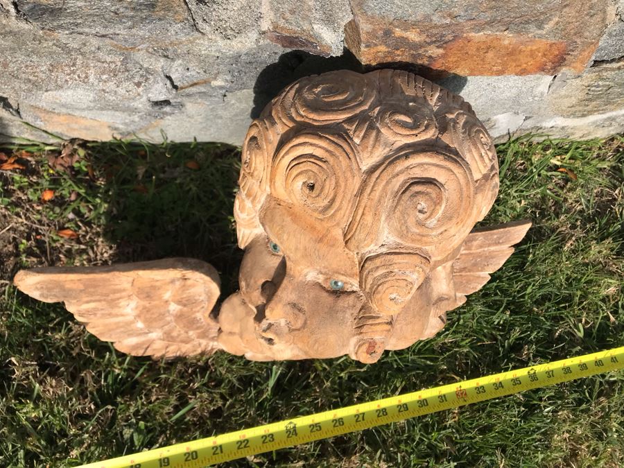 Vintage Hand Carved Dual Face Angelic Sculpture With Wings 23W X 13.5H [Photo 7]