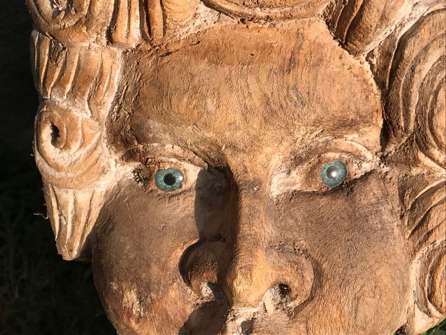 Vintage Hand Carved Dual Face Angelic Sculpture With Wings 23W X 13.5H [Photo 3]