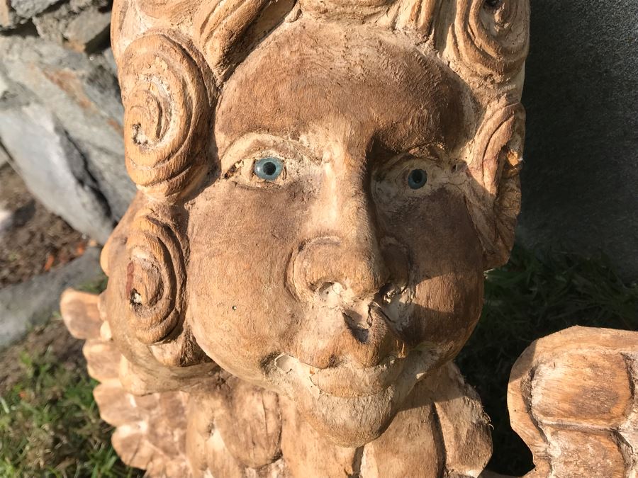 Vintage Hand Carved Dual Face Angelic Sculpture With Wings 23W X 13.5H [Photo 8]