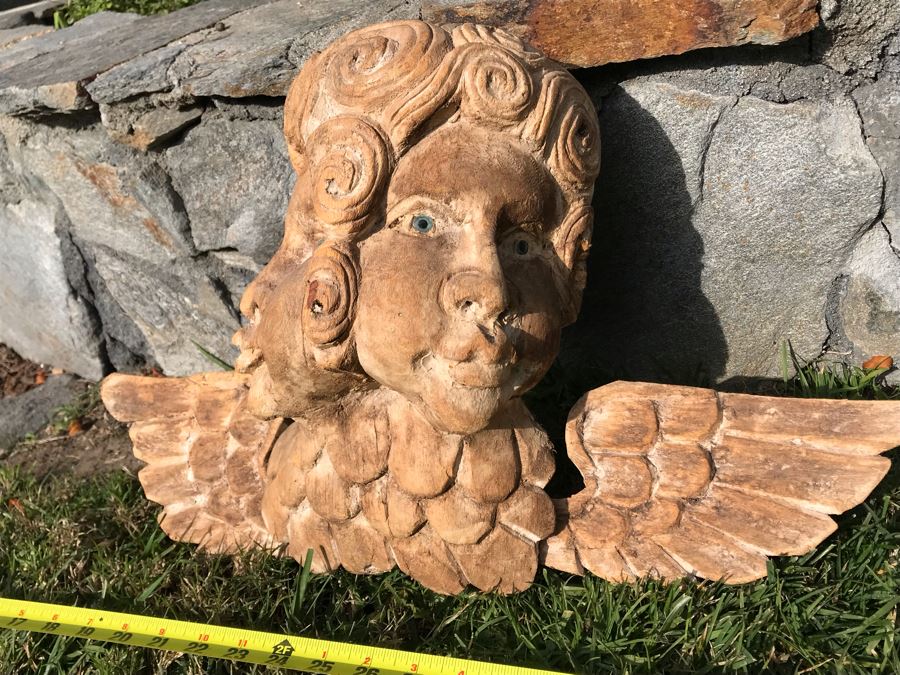 Vintage Hand Carved Dual Face Angelic Sculpture With Wings 23W X 13.5H [Photo 5]