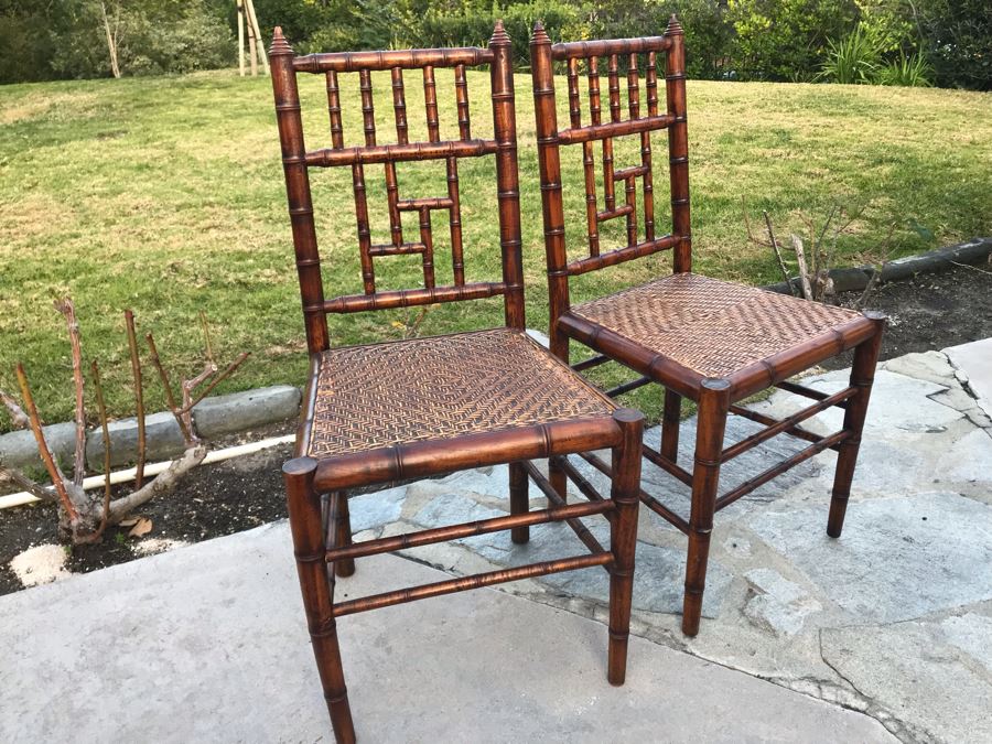 Pair Of Vintage Hollywood Regency Bamboo Motif Wooden Chairs [Photo 3]