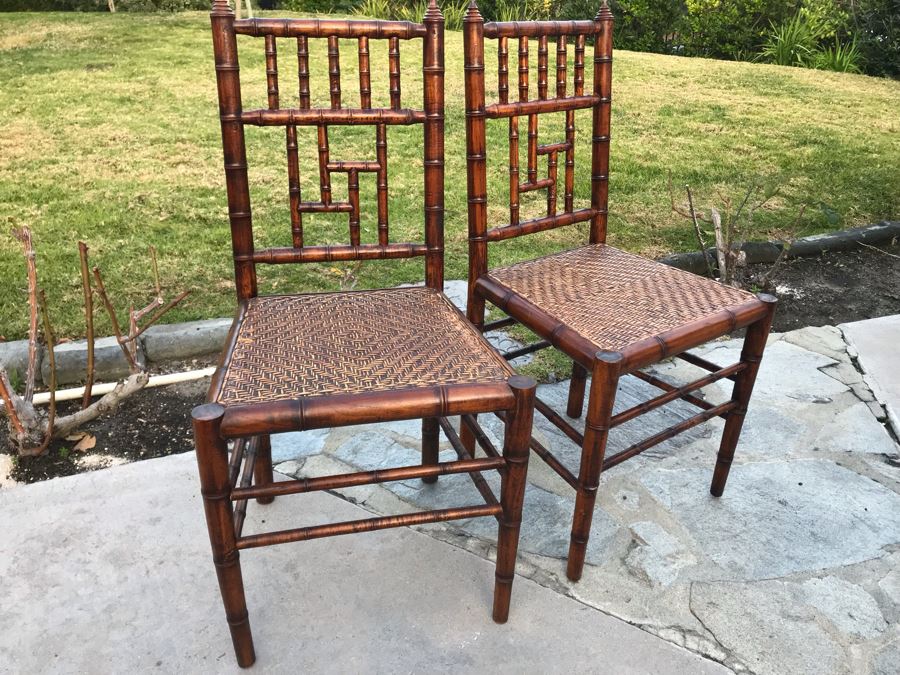 Pair Of Vintage Hollywood Regency Bamboo Motif Wooden Chairs [Photo 7]