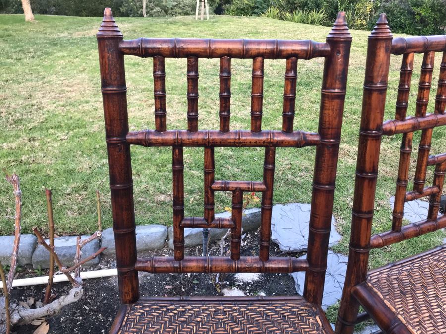 Pair Of Vintage Hollywood Regency Bamboo Motif Wooden Chairs [Photo 4]