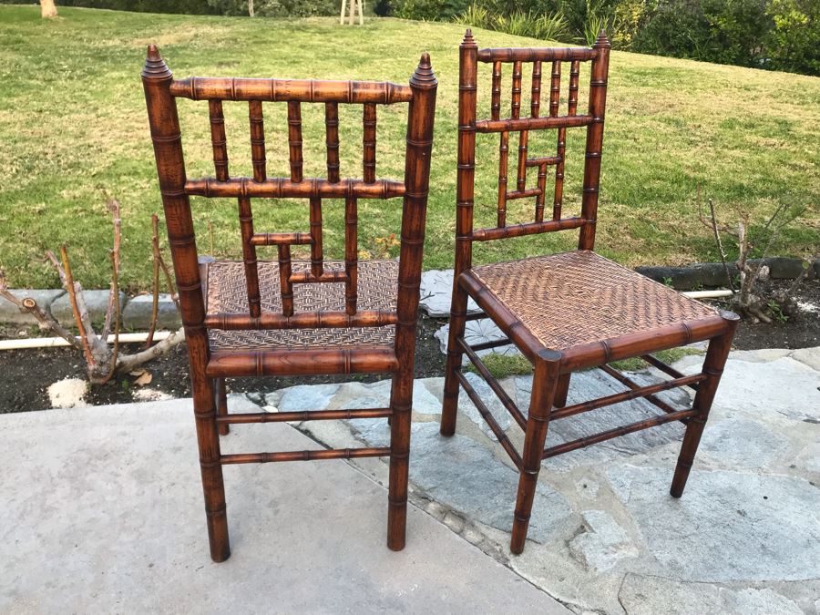 Pair Of Vintage Hollywood Regency Bamboo Motif Wooden Chairs [Photo 11]