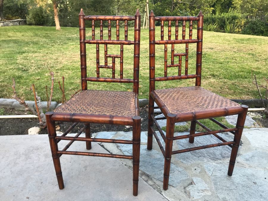 Pair Of Vintage Hollywood Regency Bamboo Motif Wooden Chairs [Photo 2]