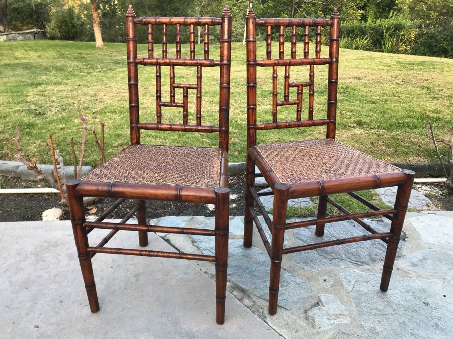 Pair Of Vintage Hollywood Regency Bamboo Motif Wooden Chairs [Photo 1]