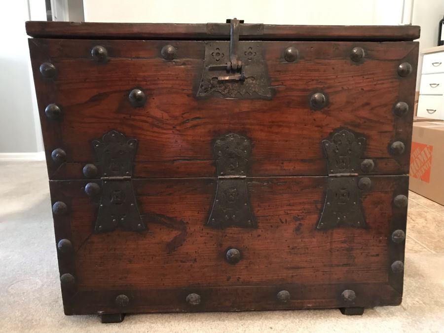 Stunning Antique Handmade Asian Chest Trunk Cabinet With Internal Drawers And Shelf - See Photos For Writing And Seals 33W X 14D X 28H [Photo 1]