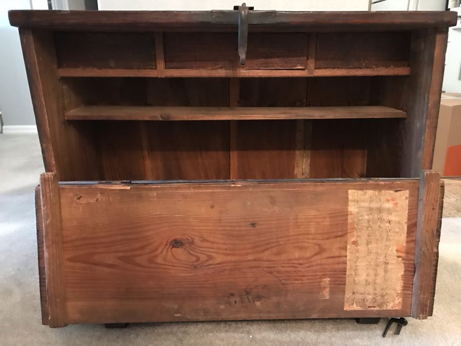 Stunning Antique Handmade Asian Chest Trunk Cabinet With Internal Drawers And Shelf - See Photos For Writing And Seals 33W X 14D X 28H [Photo 10]