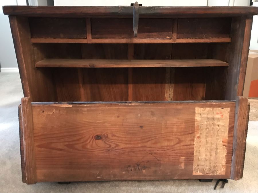 Stunning Antique Handmade Asian Chest Trunk Cabinet With Internal Drawers And Shelf - See Photos For Writing And Seals 33W X 14D X 28H [Photo 9]