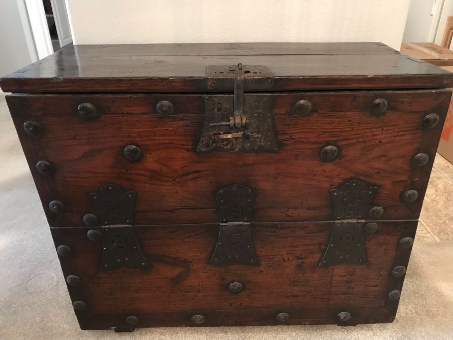 Stunning Antique Handmade Asian Chest Trunk Cabinet With Internal Drawers And Shelf - See Photos For Writing And Seals 33W X 14D X 28H [Photo 2]