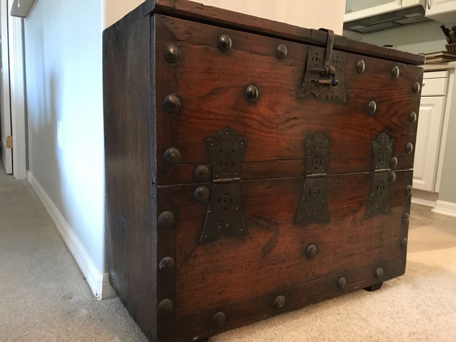Stunning Antique Handmade Asian Chest Trunk Cabinet With Internal Drawers And Shelf - See Photos For Writing And Seals 33W X 14D X 28H [Photo 3]