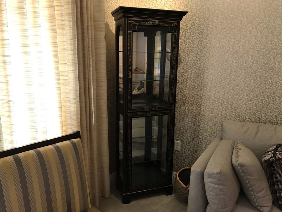 Vintage Black Chinoiserie Curio Display Cabinet With Glass Shelving 24W X 14D X 71H [Photo 3]